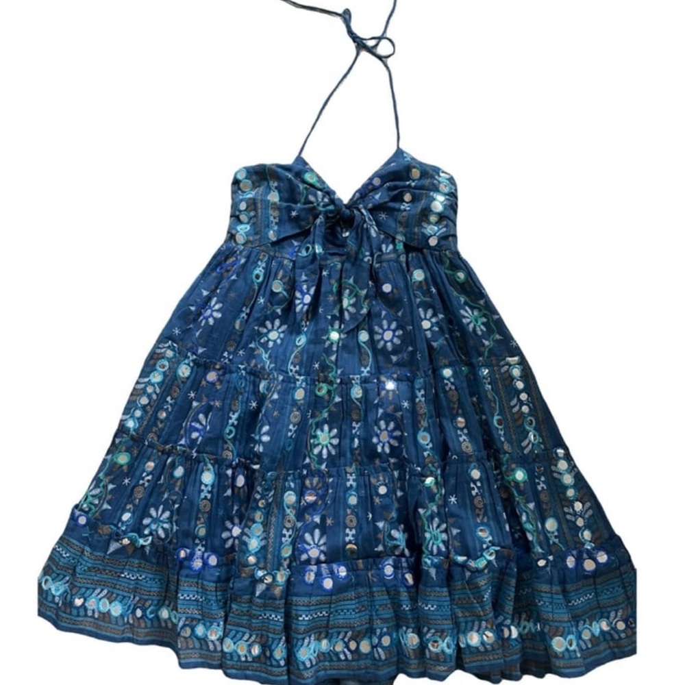 Brand new and never worn
Juliet Dunn blue Halterneck mosaic dress Lined.